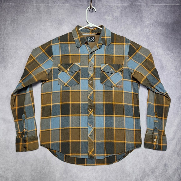 Fox Plaid Long Sleeve Flannel Shirt Mens Size L Blue Brown Gold - Picture 2 of 16